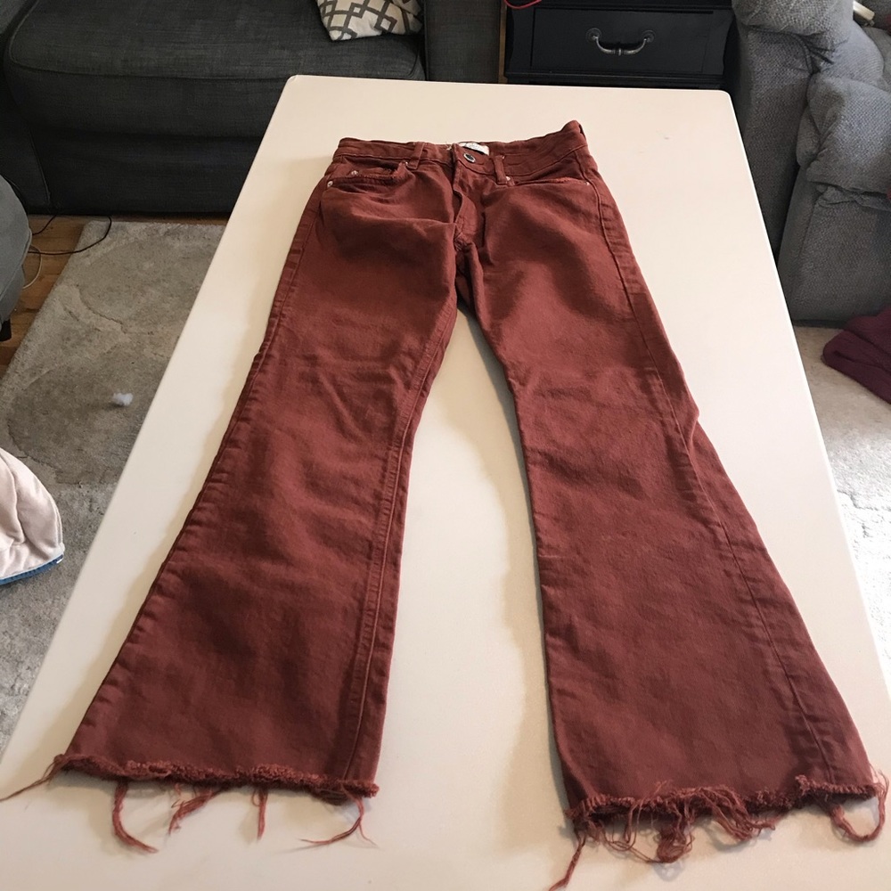 Zara TRF Collection maroon jeans, raw hem, size 0
